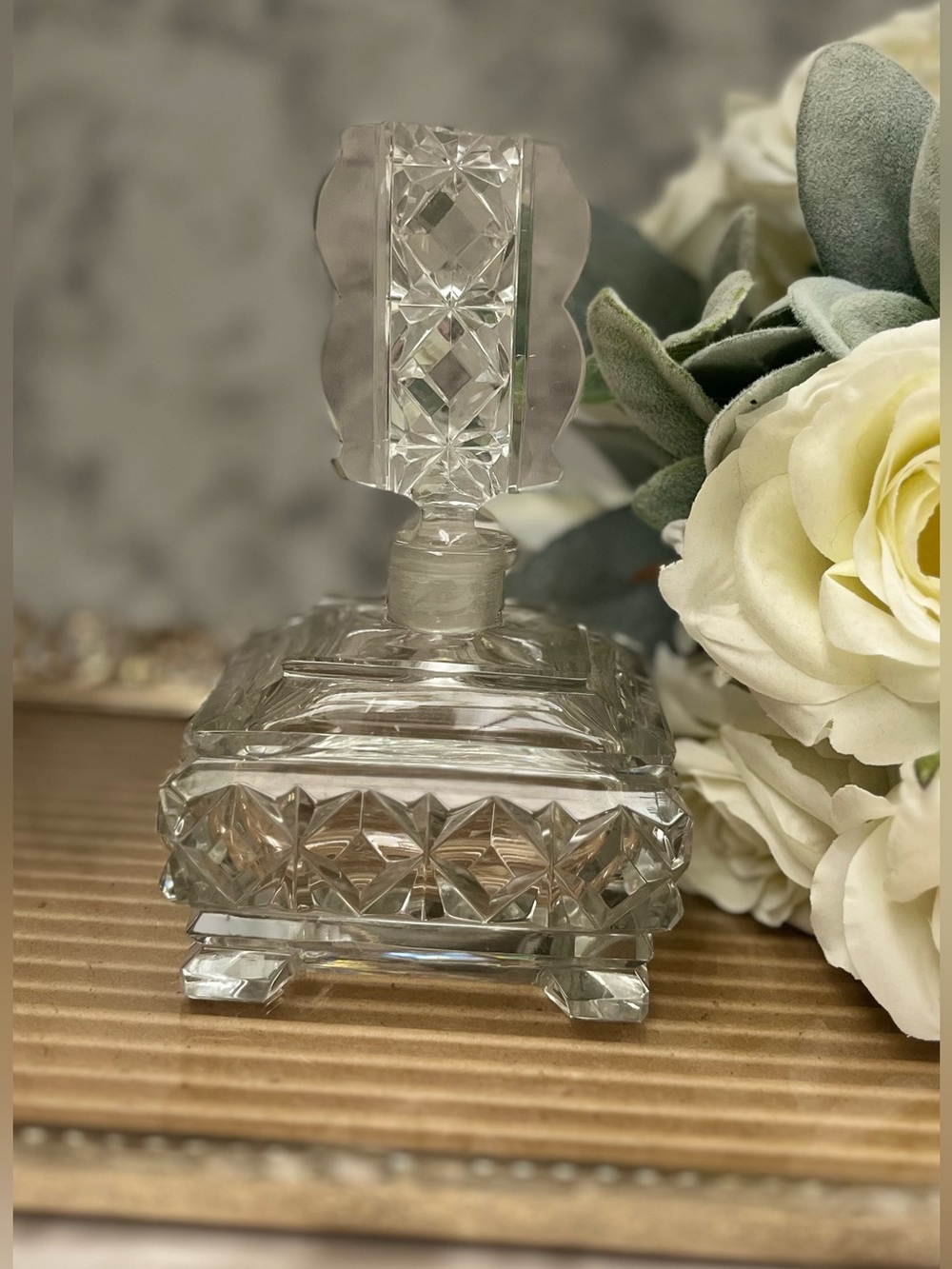 Vintage Art Deco Cut Glass Perfume Bottle with Large Faceted Stopper